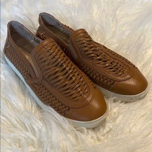 J/SLIDES Brown Basket Weave Leather Slip On Shoes